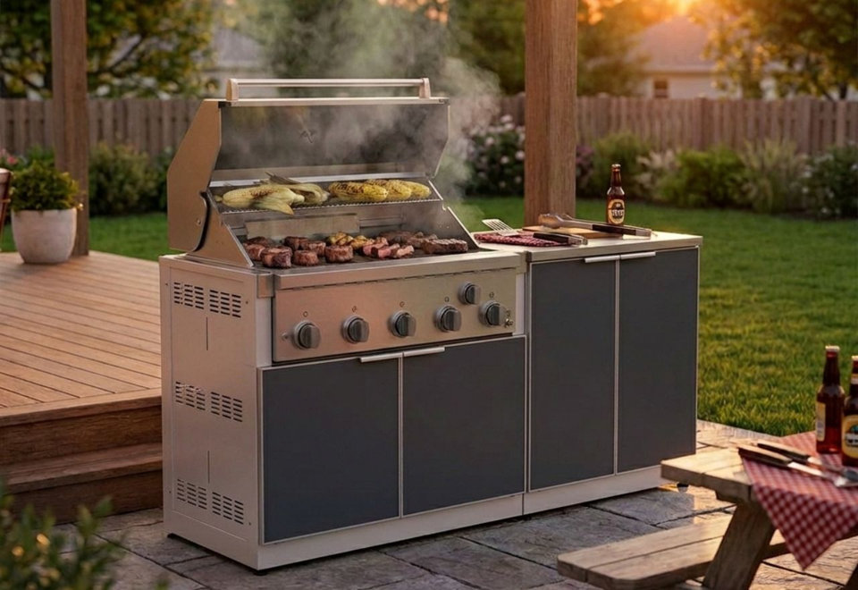 Stainless steel outdoor kitchen grill with storage cabinets, cooking steaks and corn on a patio at sunset.