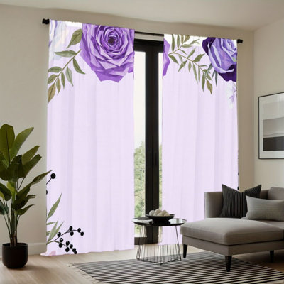 2 panneaux de rideau filtrant la lumière à motif floral rose avec brin de fleur mauve, décor de chambre printanier, passe-tringle facile à suspendre, habillage de fenêtre toutes saisons pour le salon