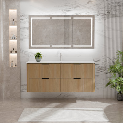48" Wall-Mounted Single Sink Bathroom Vanity With Integrated Acrylic Top, Reeded Solid Oak Cabinet, Soft-Close Drawers, Black, Oak Or Walnut Finish
