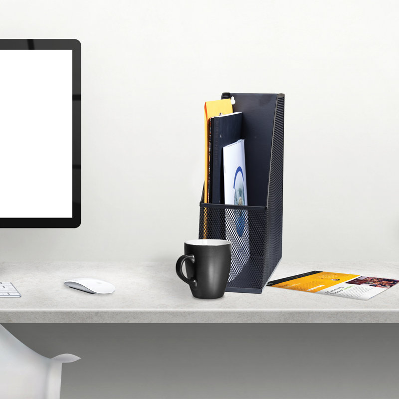 Black Steel Mesh Wall-Mount Magazine Holder and Desk Organizer