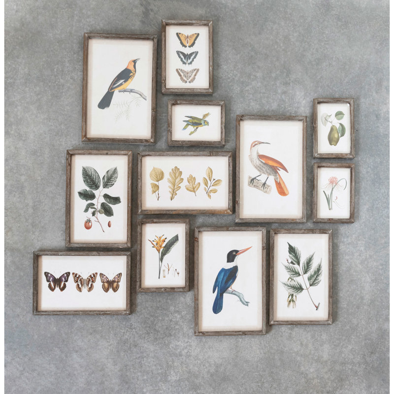 Eclectic Multicolor Bird and Botanical Wood Framed Wall Art Set