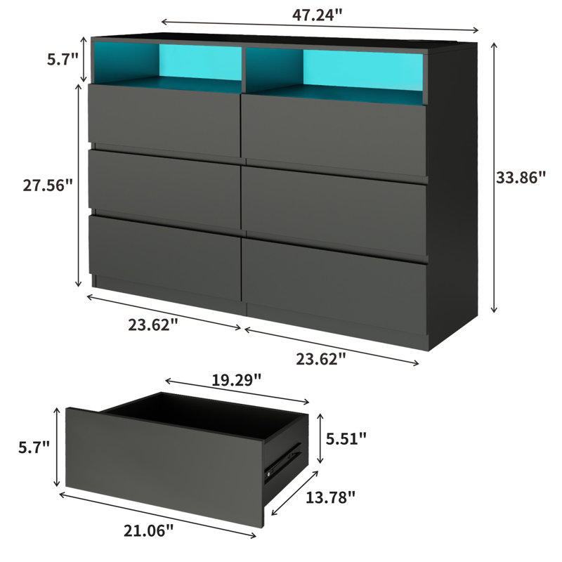 Modern 6-drawer Led Dresser – Smart Lighting + Massive Storage, Black