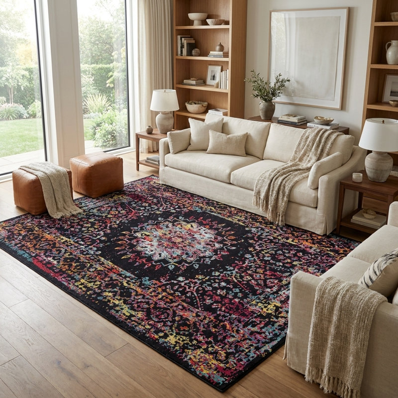 Tapis Sarah Daijanay, Rouge / Bleu, Rectangle 10 pi x 14 pi 1 po
