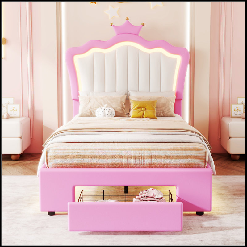 Upholstered Bed Frame with LED Lights, Modern Princess Design for Comfort and Style, Twin
