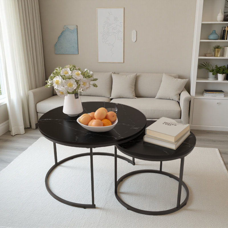 Ensemble de 2 tables basses gigognes, plateau rond en marbre de 27,6 pouces avec structure en métal robuste, Noir