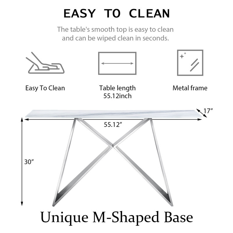 55 Inch White Tempered Glass Console Table With Mirrored Silver M-Shaped Base