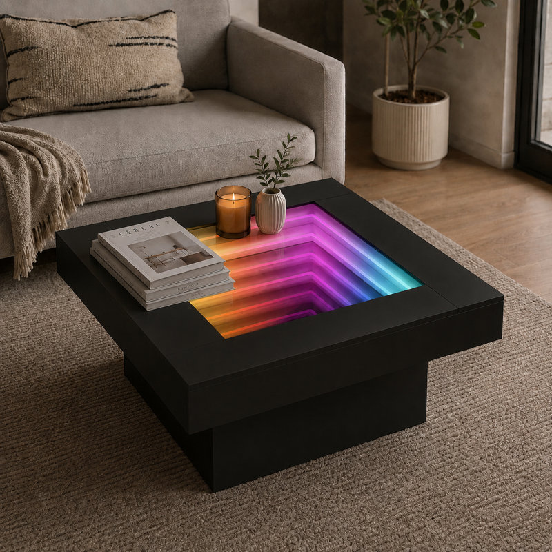 Table basse Infinity Mirror Light, Noir, H 15 po x L 31,5 po x l 31,5 po, Noir
