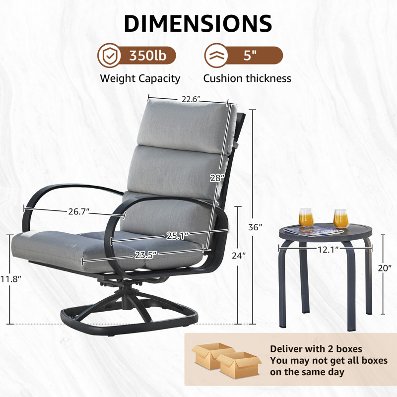 3 Piece Seating Group, Swivel Rocking Chair with 5" Olefin Cushions, Gray Cushion/Gray Frame, 3 Pcs: Table, 2 Chairs