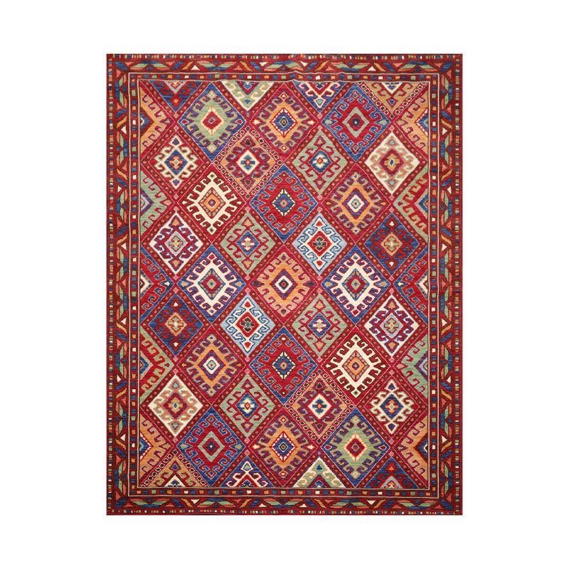 Tapis rouge géométrique en laine bouclé