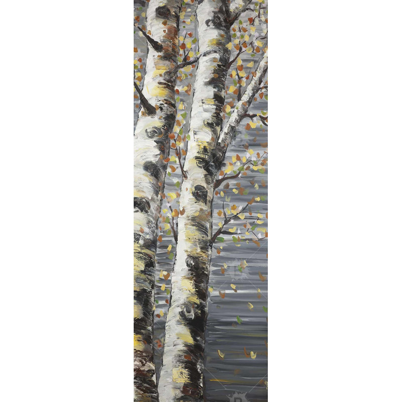 Toile grise avec arbres contemporains - bouleaux blancs en herbe