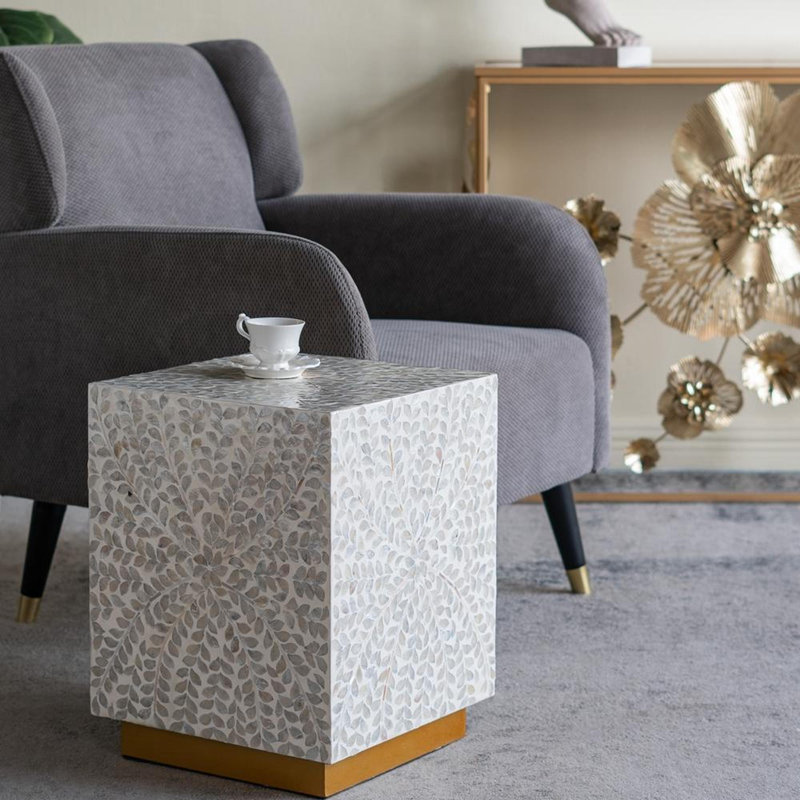 14x14x18" Square Accent Stool with White Capiz Shell Finish and Gold Pedestal Base