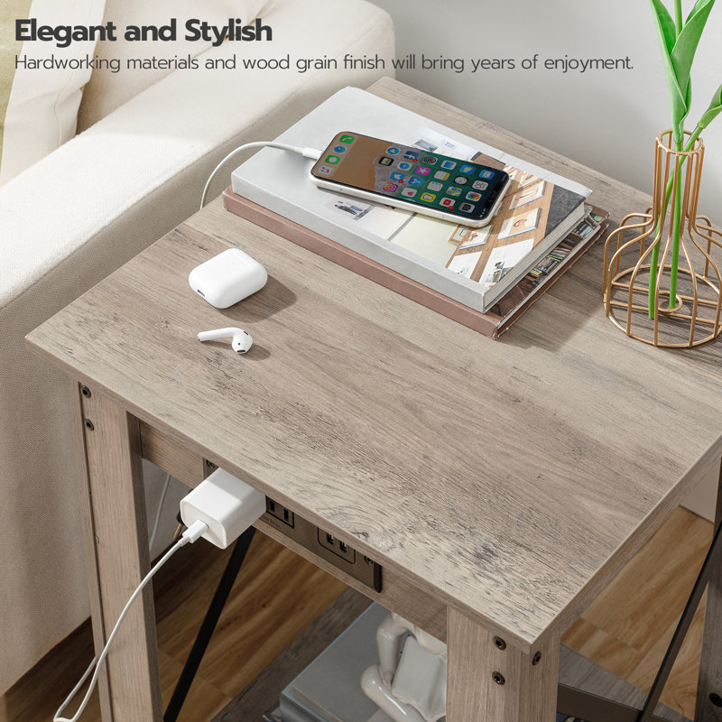 Alonso 23.6'' Tall End Table with Charging Station, Gray Top/Gray Base