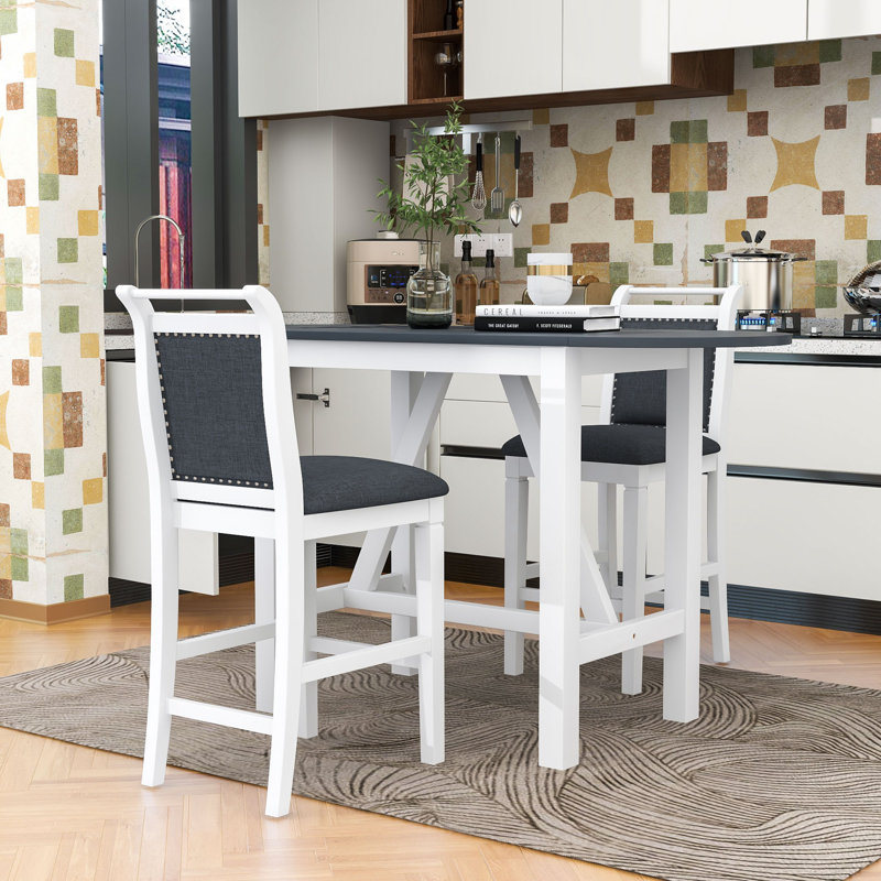 Ensemble de salle à manger à tréteaux extensible 3 pièces Bibeta, table en bois avec abattants et chaises rembourrées, Blanc
