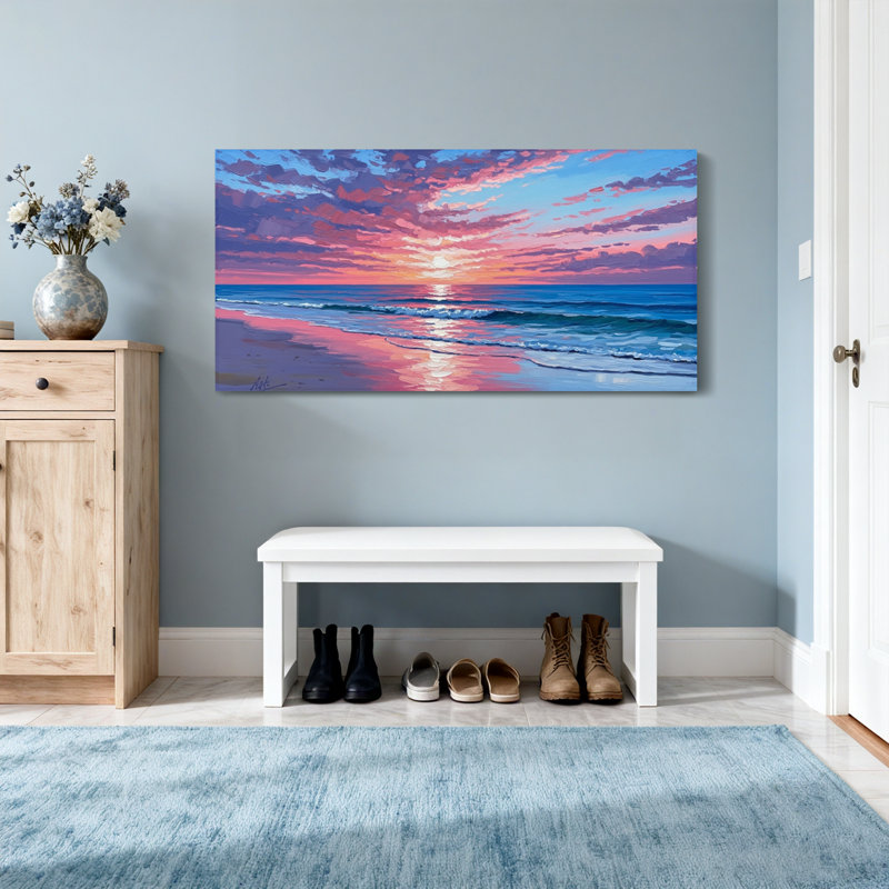 Nautique et plage, coucher de soleil, ciel, vagues océan, plage, reflets, art, H 16 po x l 32 po