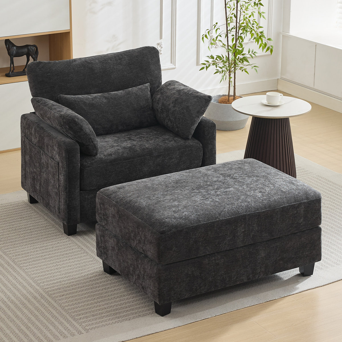 Ebern Designs 37.8" W Upholstered Chenille Armchair with Ottoman ...