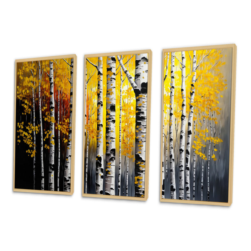 Into A Golden Birch Forest VI - ensemble d'art mural sur toile paysage, H 32 po x l 48 po x P 1 po, Encadré naturel
