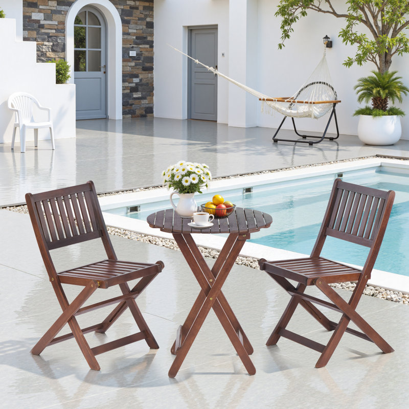 3-Piece Outdoor Acacia Wood Bistro Set, Folding Patio Furniture with 2 Folding Chairs and Round Coffee Table, Teak Finish, for Backyard, Balcony, Garden