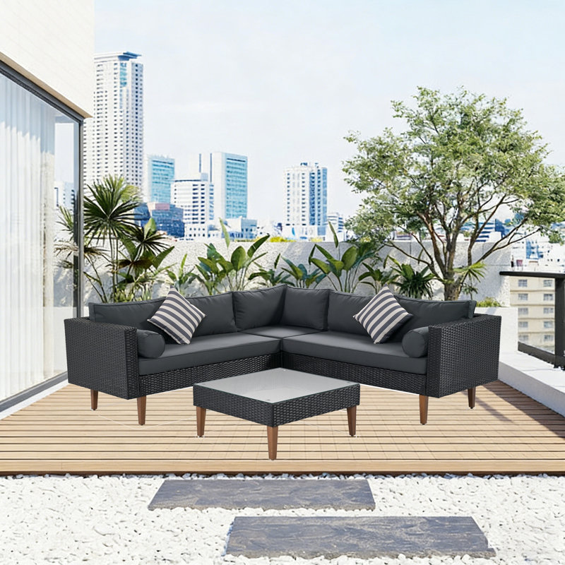 4-pieces Outdoor Wicker Sofa Set, Patio Furniture with Colorful Pillows, L-shape sofa set, Gray cushions and Black Rattan