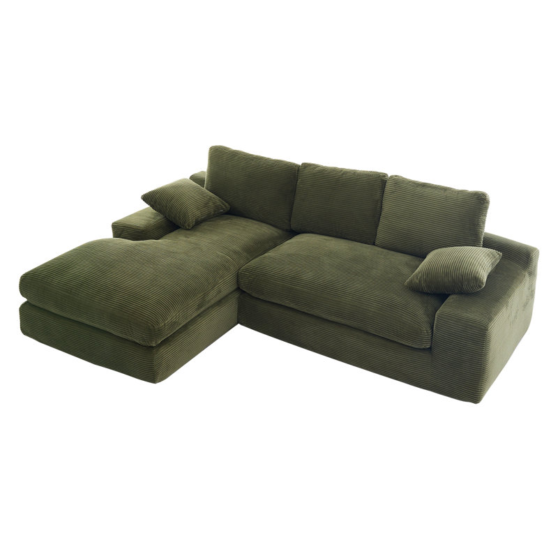 Canapé modulaire en L Corduroy avec 2 coussins et méridienne, Velours côtelé vert
