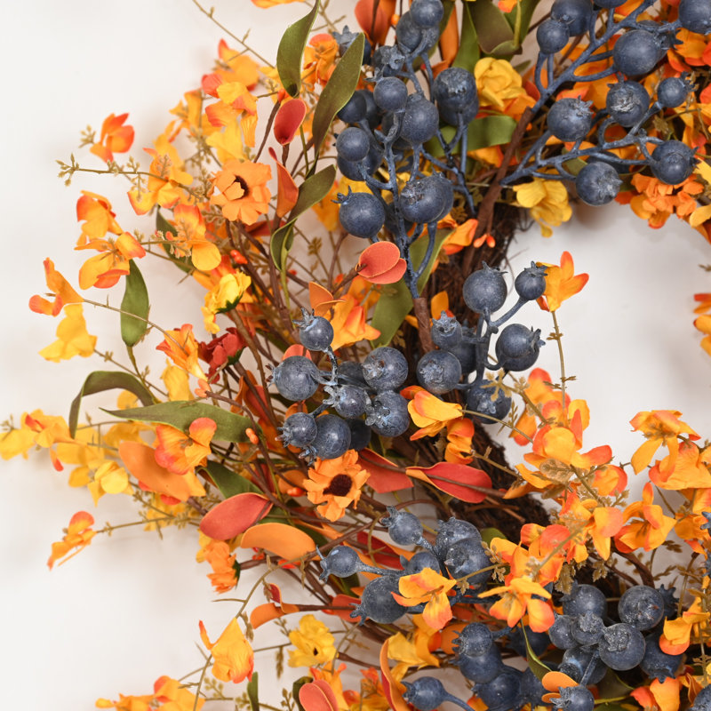 Couronne de fleurs artificielles d'automne 24 po, Yellow;Blue