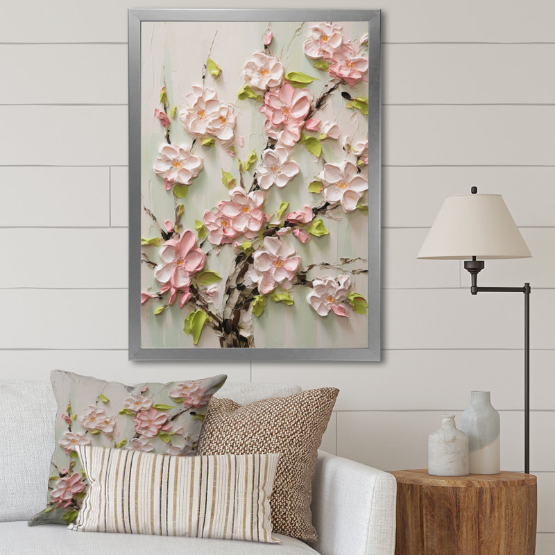 Chrysofo fleur de pommier Impasto I, Cadre simple argenté, H 40 po x l 30 po x P 1,5 po