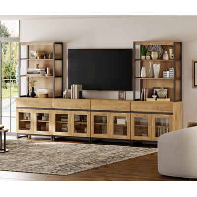 Modern TV Stand With 3 Tiers Bookshelf, Farmhouse Entertainment Center With 4 Drawers And Adjustable Shelf, Wooden Media TV Console With Glass Doors F