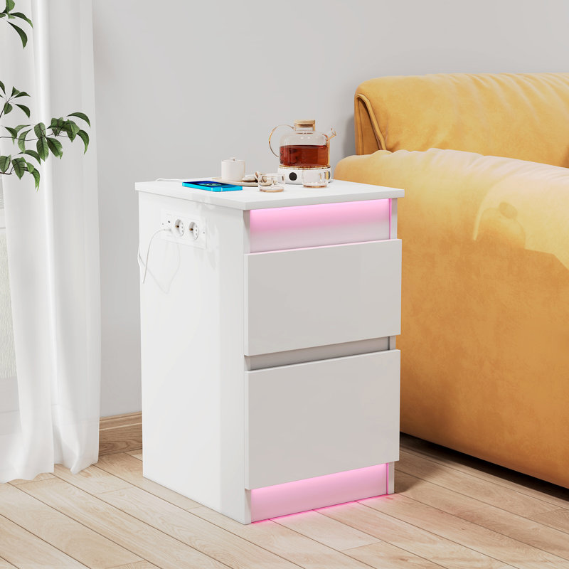 2 Drawer Bedside Table with Flip-Top Storage, White Bedside Cabinet with Bluetooth LED Light Strip & UK Charging Station 2AC/2USB, Wood Side Table with Lighting for Bedroom Living Room Home