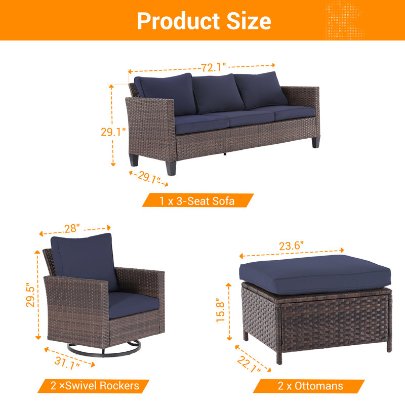 5 - Person Wicker Swivel Rocker Chair Outdoor Seating Group with Cushions, Brown, Navy Blue