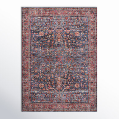 Lotte Oriental Machine Washable Flatweave Area Rug in Navy Blue/Brick Red