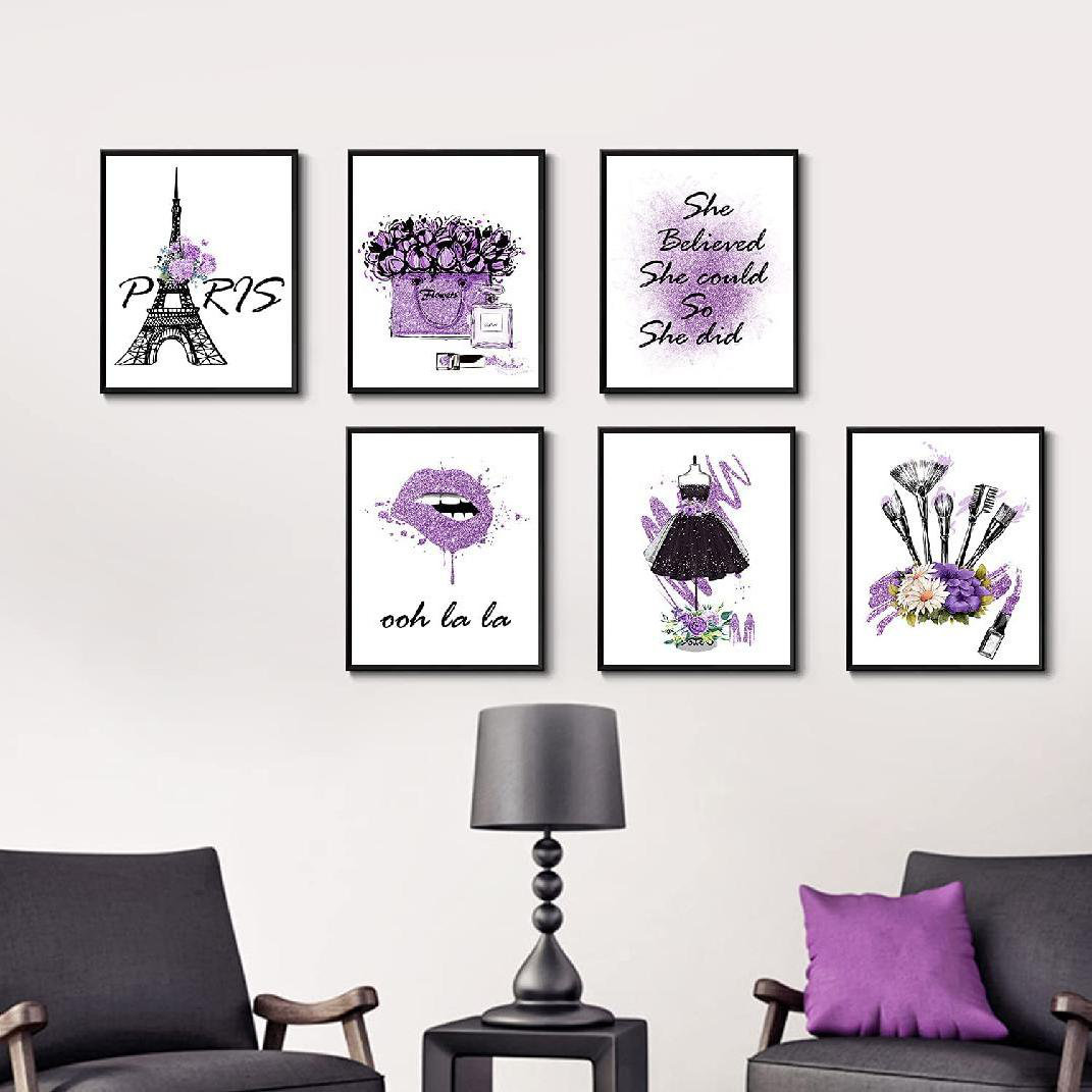 Vintage wall art set 5 pieces of stylish teen room wall art prints, color  posters, purple and pink posters, dormitory wall decor