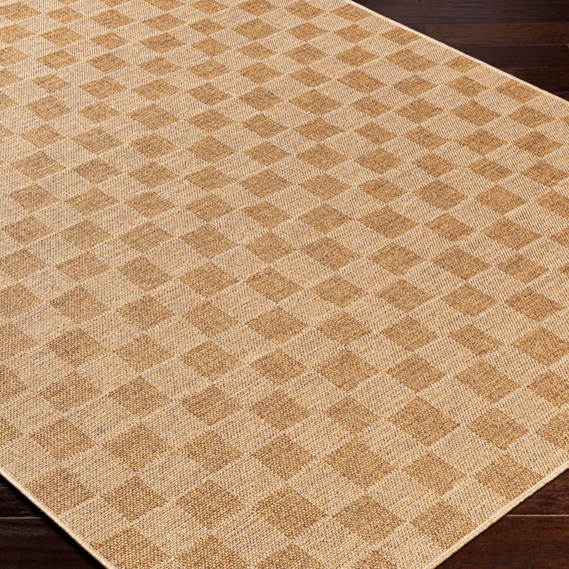 Tan Modern Outdoor Rug, Chequered Stain Resistant Easy to Clean Rug For Patio, Balcony, Decks & Garden