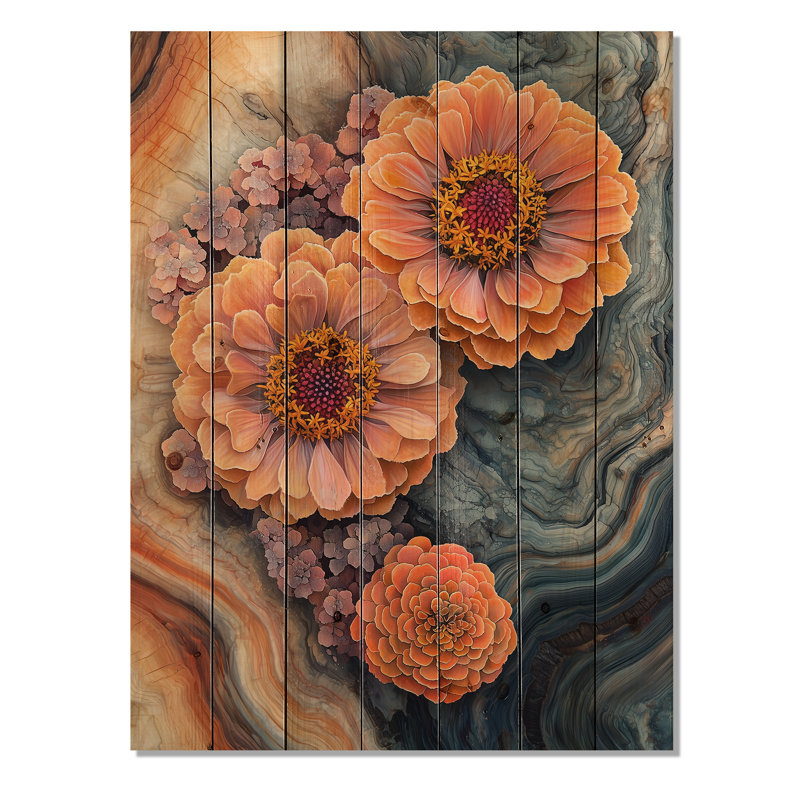 Zinnias Garden On Wood Slide II - Zinnias Wood Wall Decor - On Natural Pine Wood, 20" H x 10" W x 0.78" D