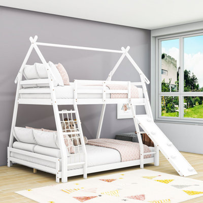 Twin Over Queen House Bunk Bed With Climbing Nets, Ramp And Guardrails