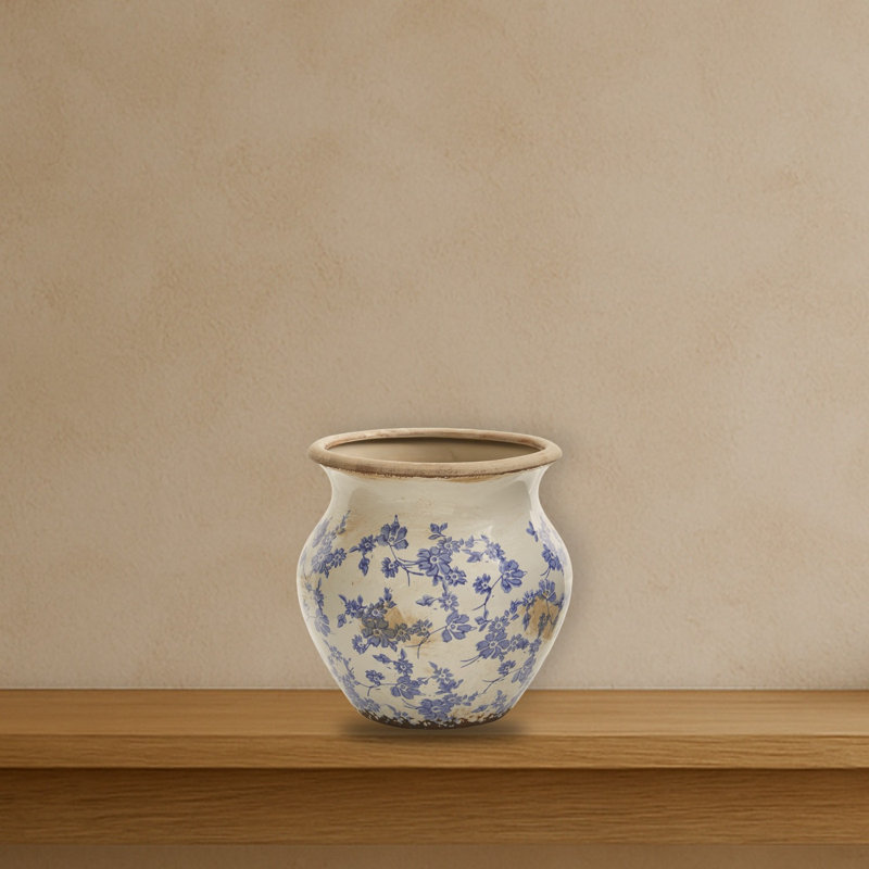 Tuscan Ceramic Blue Scroll Urn Vase, 9.75" H x 10.5" W x 10.5" D