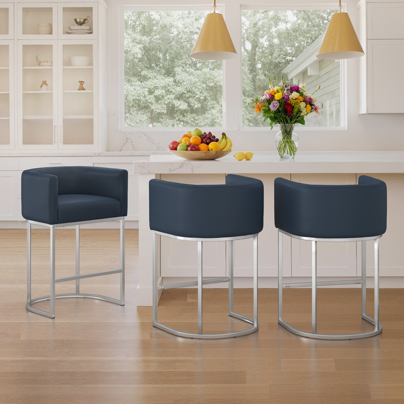 Jessica 26" Upholstered Counter Stool with Metal Frame, Navy Blue/Faux Leather, Silver