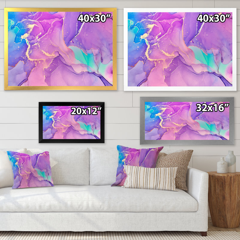 Rose et mauve, art liquide abstrait I - reproduction sur toile, Toile argentée avec cadre d'angle fermé, H 24 po x l 32 po