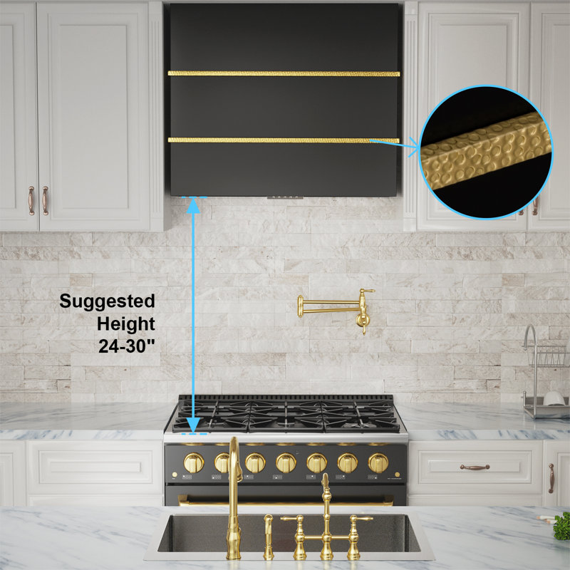 Akicon Stainless Steel 600 CFM Ducted (Vented) Wall Mounted Required Range Hood, Black/Gold