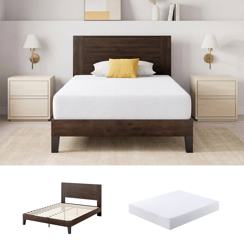 10" Medium Cooling Gel Memory Foam Mattress And Marvelwood Solid Wood Platform Bed Frame Set-king, Brown, Brown, King