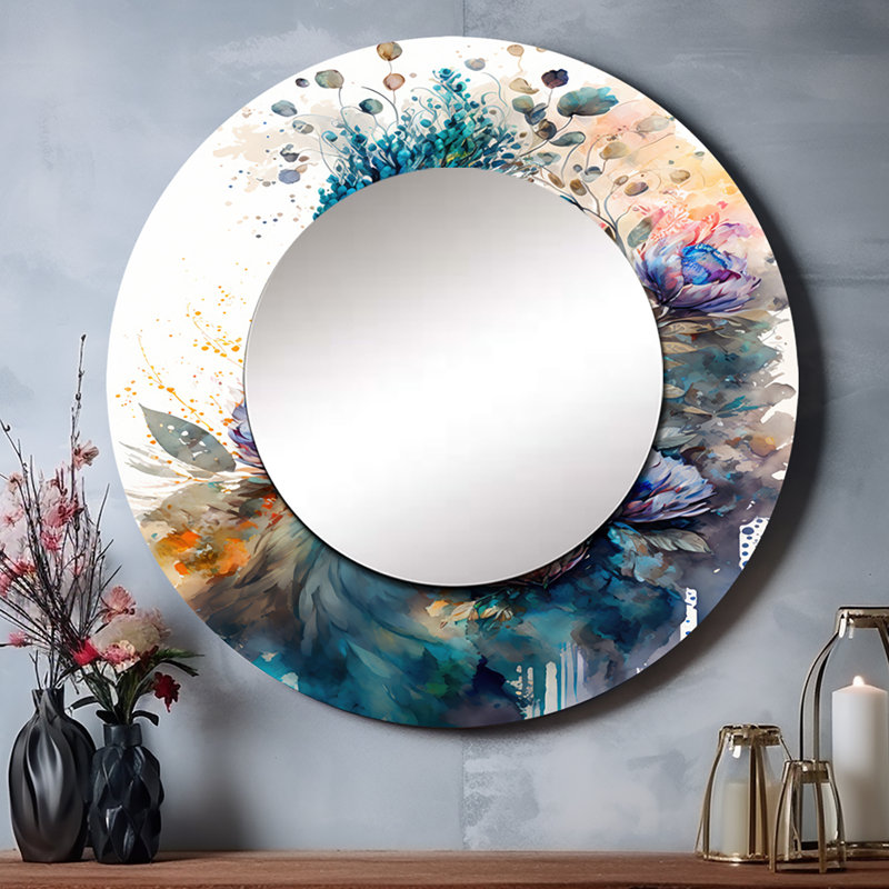 Param Cute Peacock Floral Art II - Peacock Mirror, Modern Round Unique Wall Mirror, Printed Metal Art, 29" x 29"