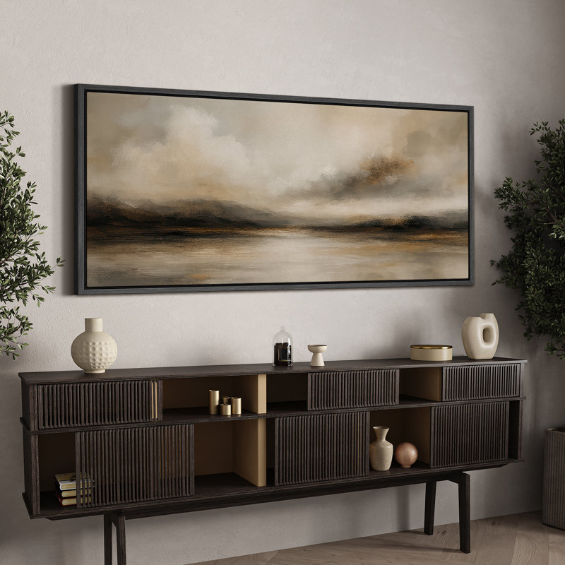 Large Framed Canvas Print Wall Art - Neutral Abstract Landscape Print for Minimalist Modern Wall Decor, Black, 30" H x 60" W