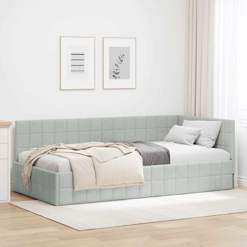 Corner Bed Frame With Headboard Velvet, European Single (90 x 200 cm), Light Grey