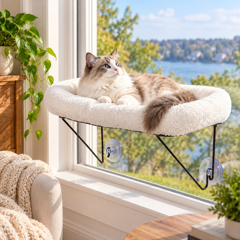 Perchoir de fenêtre en métal pour chat de 63,5 cm avec un grand lit en sherpa, peut supporter jusqu'à 18 kg