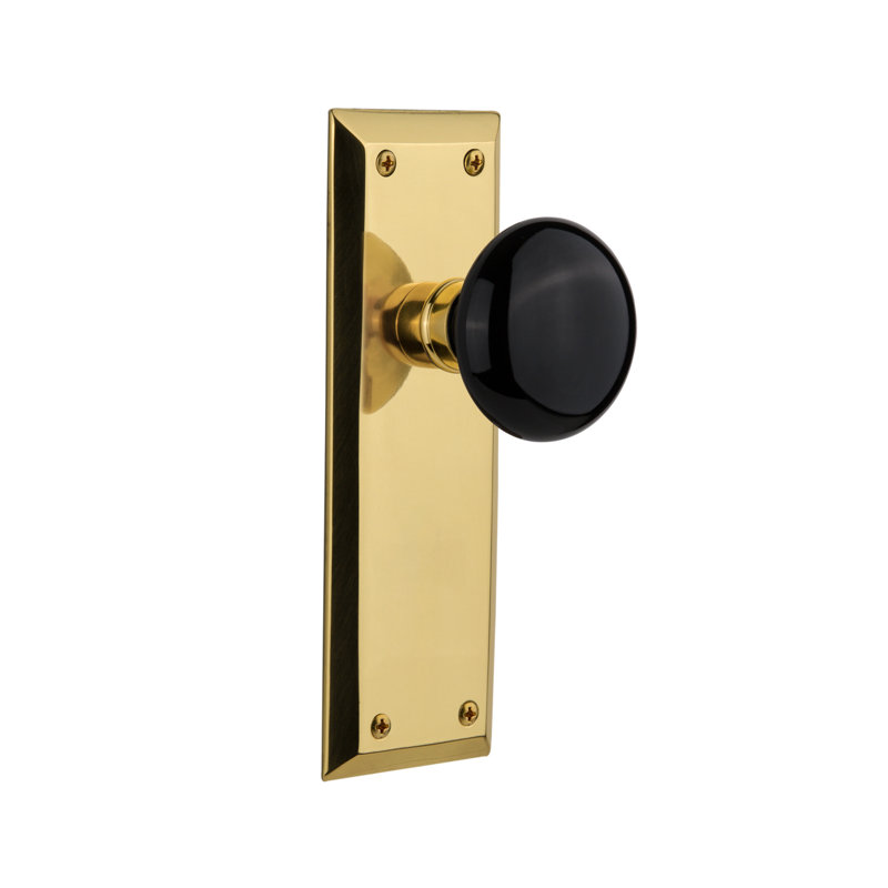 New York Plate with Black Porcelain Door Knob, Polished Brass