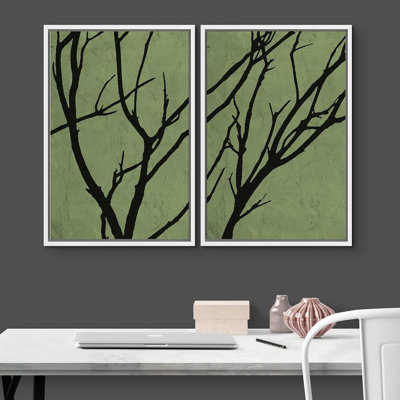 Minimaliste, effet de texture botanique, silhouette d'arbre sur fond vert, plantes, minimaliste, rustique, paysage