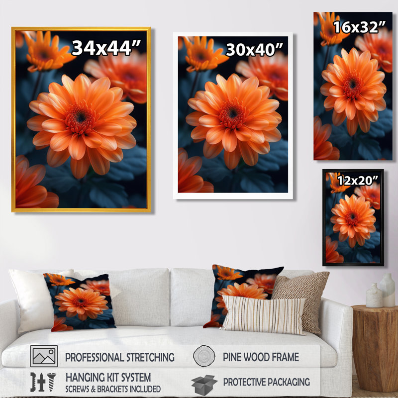 'Orange Green Autumn Blaze Mums - Mums Wall Art, 12" H x 20" W, Gold Floater Framed, Solid Wood