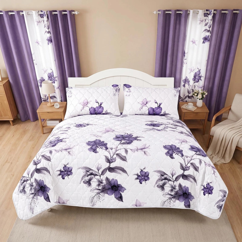 9-Piece Lavender Floral Quilted Bedspread and Curtain Set with 6 Independent Light-Filtering Panels, QUEEN