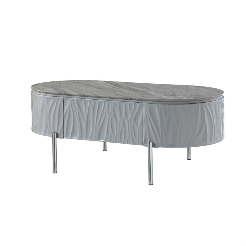 Table basse avec tiroir et tablette en gris doux ultrabrillant, pieds chromés, pour le salon