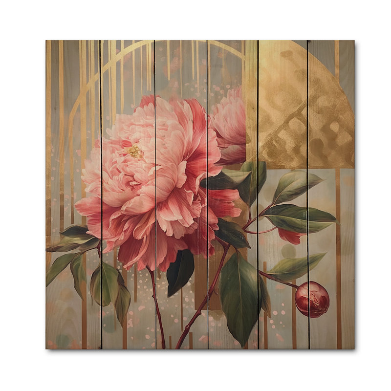 Perfection de la pivoine rose et jaune sur bois, H 35 po x l 35 po x P 0,78 po