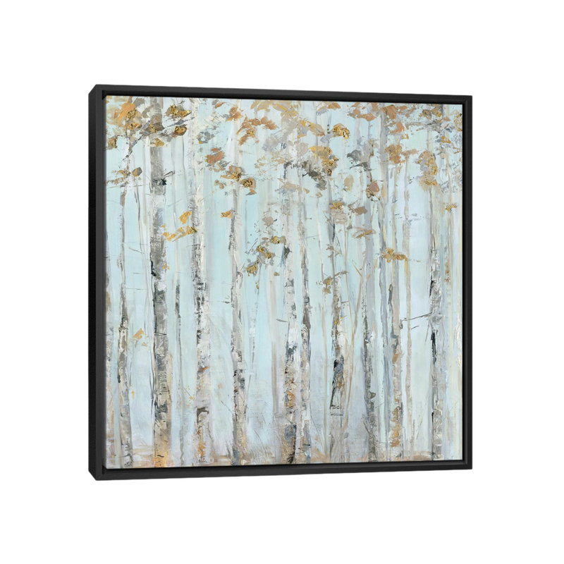 «Soft Birch Forest» par Sally Swatland - reproduction d'art, H 18 po x l 18 po x 1,5 po, Toile avec cadre noir, Pas de tapis
