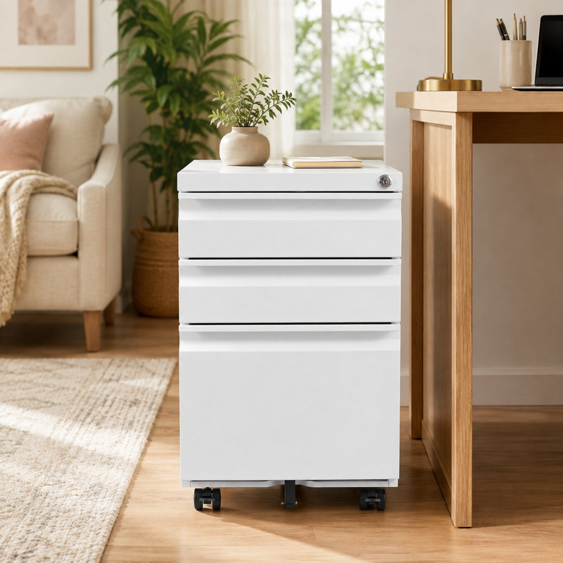Classeur mobile 3 tiroirs en acier laminé à froid blanc avec serrure, 5 roulettes, système anti-basculement, porte-stylo et barre de suspension pour dossiers A4 et A4. Parfait pour la maison ou le bureau.